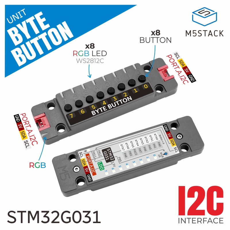 M5Stack - M5Stack公式製品：ByteButton 8チャンネルタクタイルスイッチ入力、9個のWS2812C RGB LED、STM32、I2C 2ポート、Aカスケード接続、スマートホーム制御
